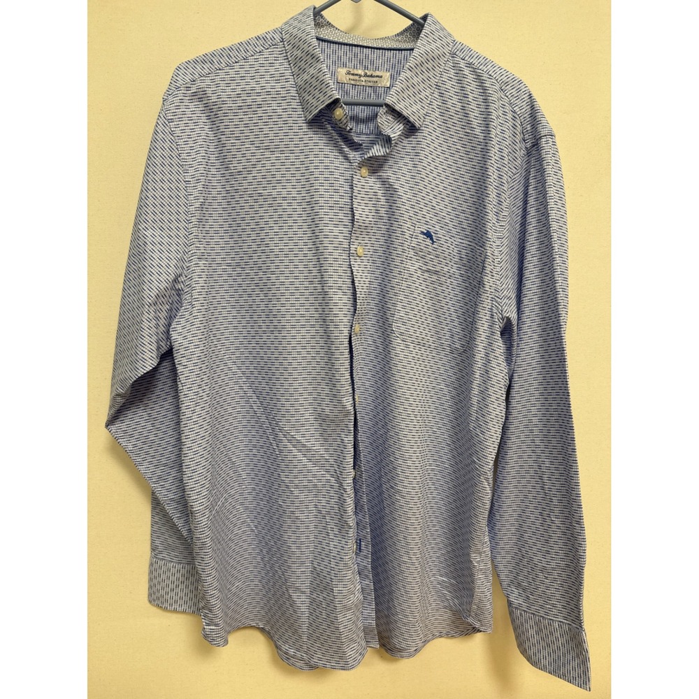 Tommy Bahama Sarasota Stretch Blue White Micro Check Button Down Shirt Mens L